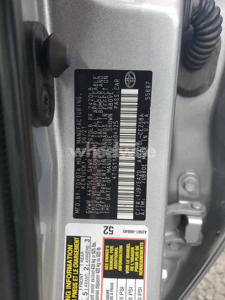 Photo 13 of 2021 TOYOTA CAMRY SE (VIN 4T1G11AK9MU604125)