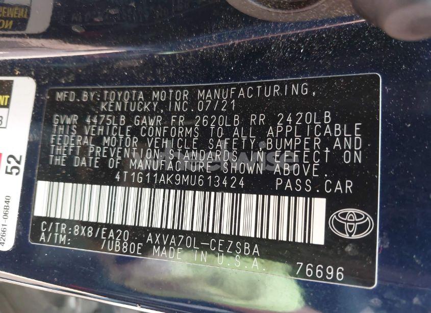 Photo 9 of 2021 Toyota Camry SE (VIN 4T1G11AK9MU613424)