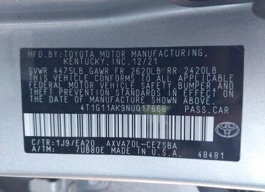 Photo 9 of 2022 Toyota Camry SE (VIN 4T1G11AK9NU017666)