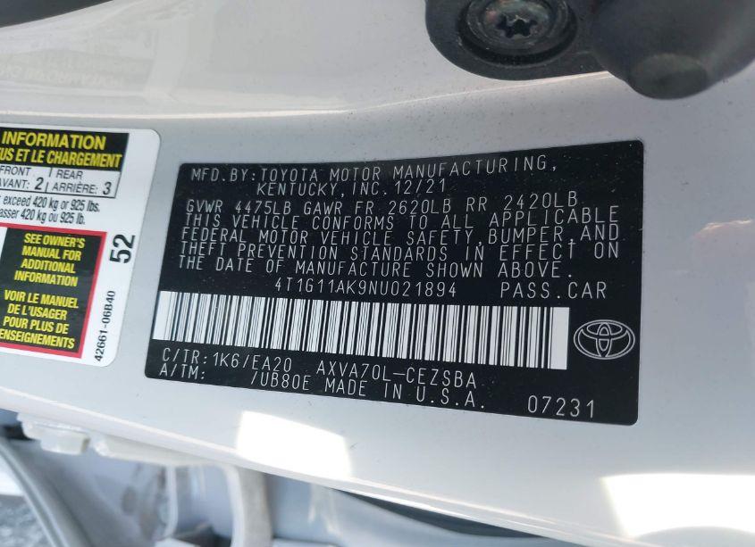 Photo 9 of 2022 Toyota Camry SE (VIN 4T1G11AK9NU021894)