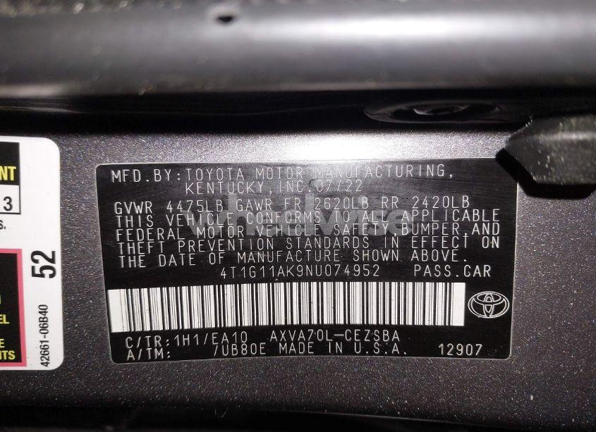 Photo 9 of 2022 Toyota Camry SE (VIN 4T1G11AK9NU074952)