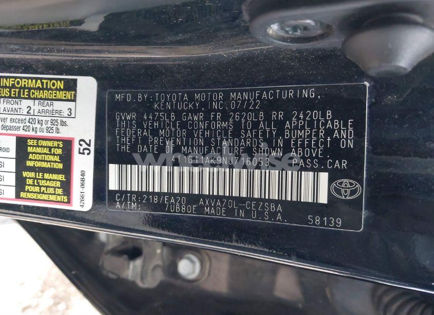 Photo 9 of 2022 Toyota Camry SE (VIN 4T1G11AK9NU716053)