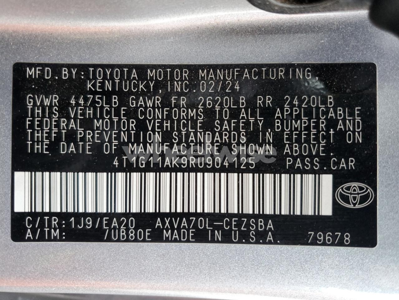 Photo 12 of 2024 TOYOTA CAMRY SE NIGHT SHADE (VIN 4T1G11AK9RU904125)