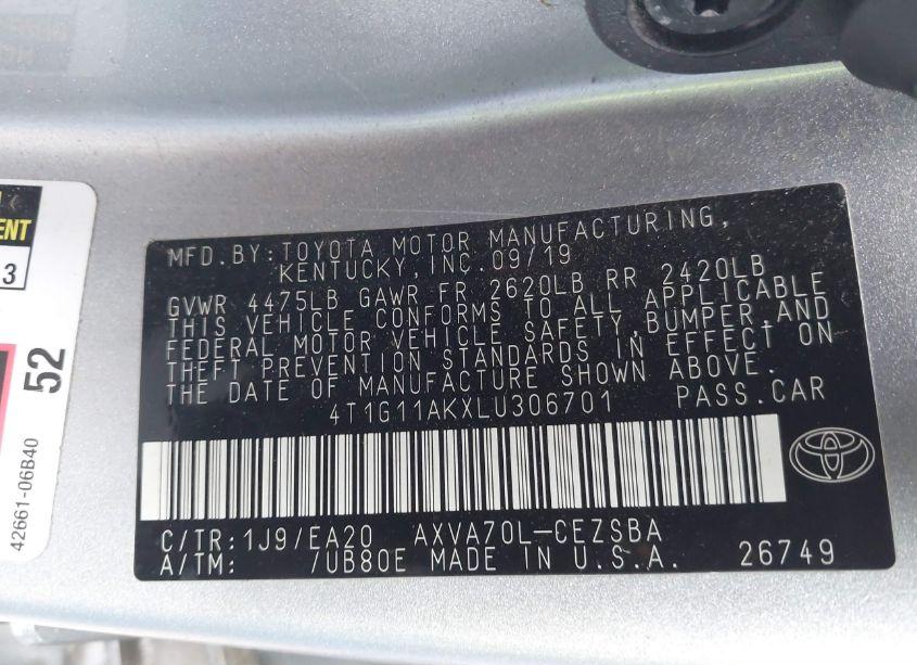 Photo 9 of 2020 Toyota Camry SE (VIN 4T1G11AKXLU306701)