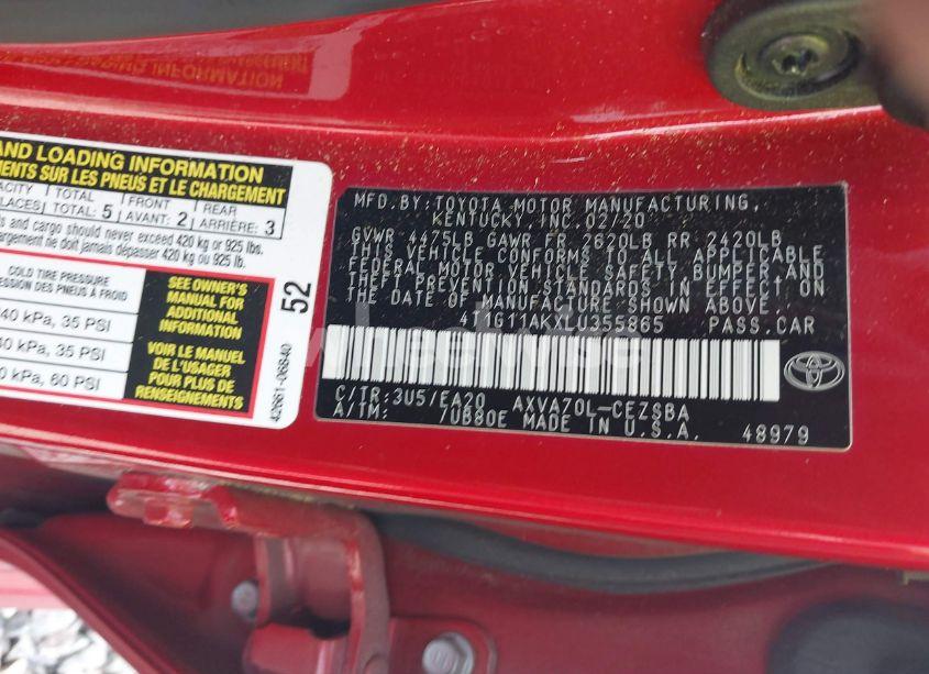 Photo 9 of 2020 Toyota Camry SE (VIN 4T1G11AKXLU355865)