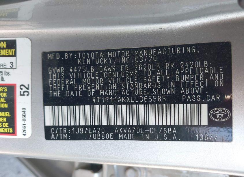Photo 9 of 2020 Toyota Camry SE (VIN 4T1G11AKXLU365585)