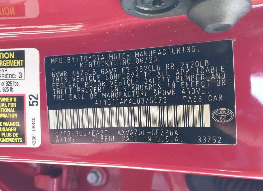 Photo 9 of 2020 Toyota Camry SE (VIN 4T1G11AKXLU375078)