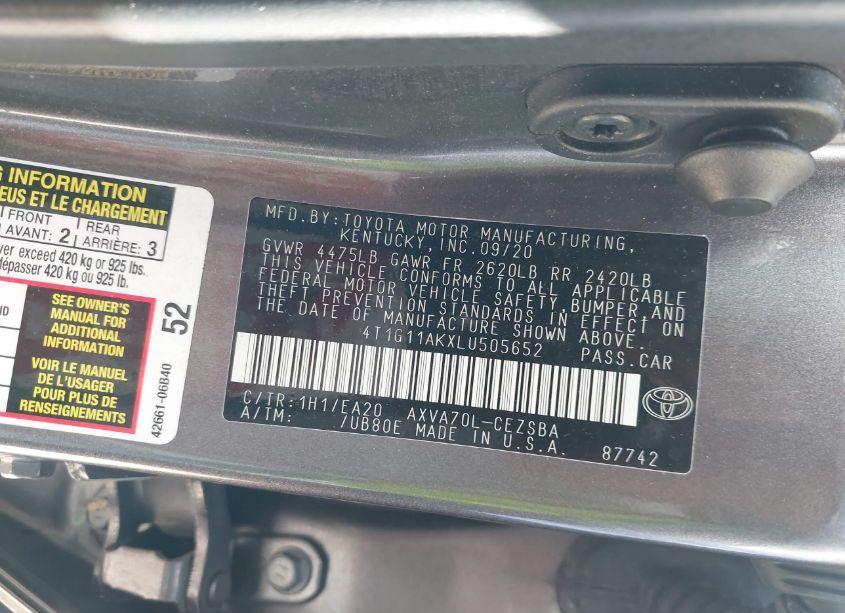 Photo 9 of 2020 Toyota Camry SE (VIN 4T1G11AKXLU505652)