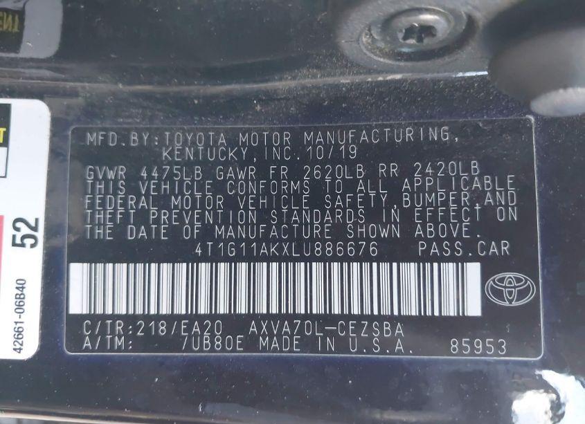 Photo 9 of 2020 Toyota Camry SE (VIN 4T1G11AKXLU886676)