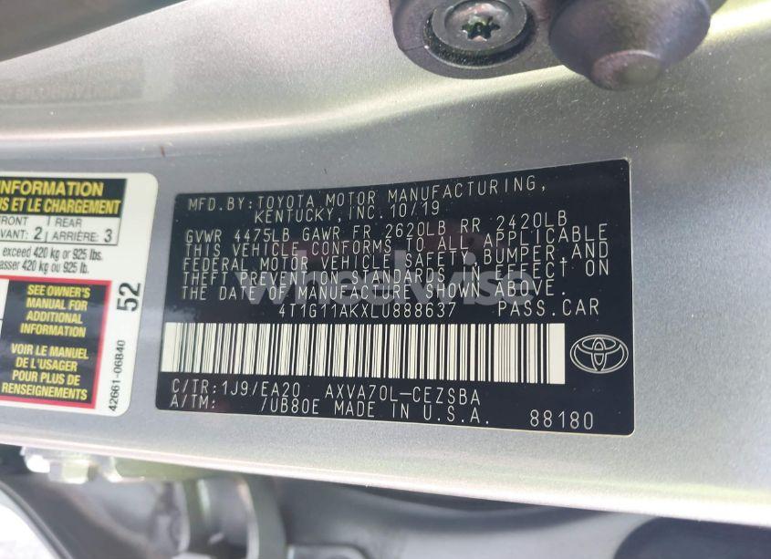 Photo 9 of 2020 Toyota Camry SE (VIN 4T1G11AKXLU888637)