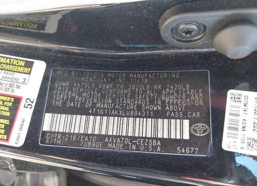 Photo 9 of 2020 Toyota Camry SE (VIN 4T1G11AKXLU894311)