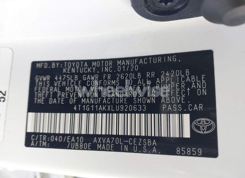Photo 9 of 2020 Toyota Camry SE (VIN 4T1G11AKXLU920633)