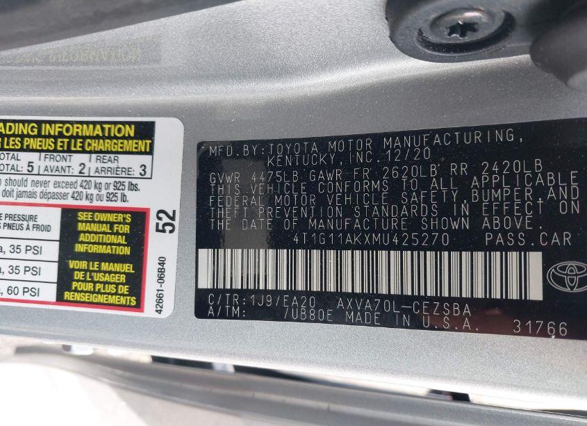 Photo 9 of 2021 Toyota Camry SE (VIN 4T1G11AKXMU425270)