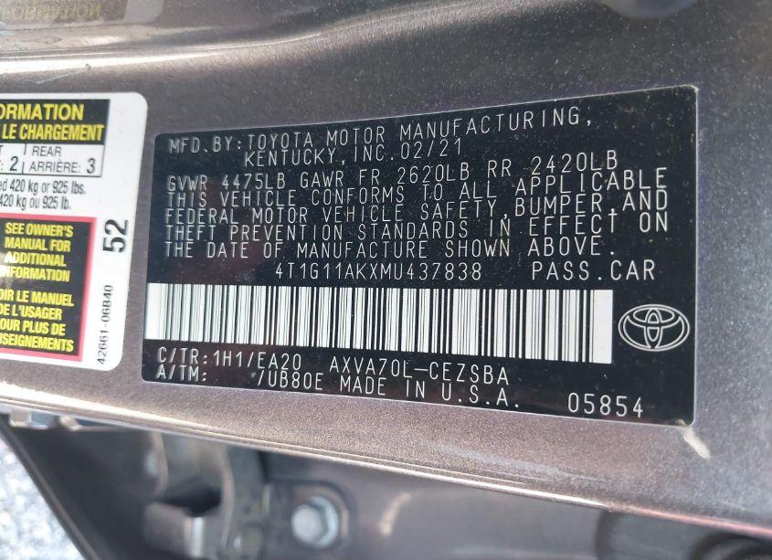 Photo 9 of 2021 Toyota Camry SE (VIN 4T1G11AKXMU437838)