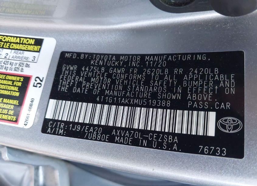 Photo 9 of 2021 Toyota Camry SE (VIN 4T1G11AKXMU519388)