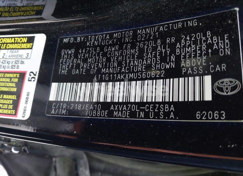 Photo 9 of 2021 Toyota Camry SE (VIN 4T1G11AKXMU560622)