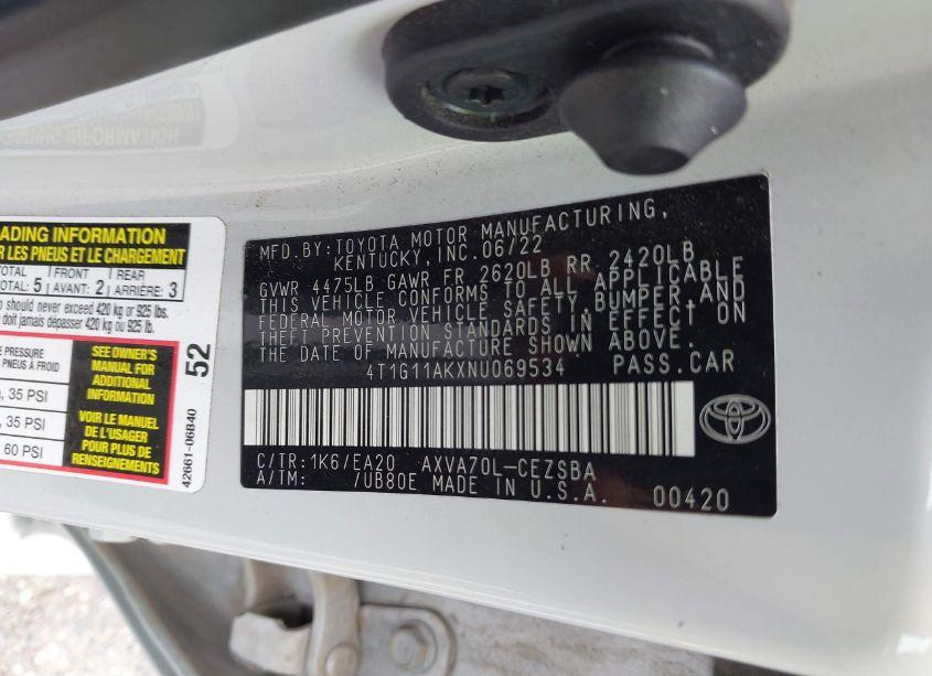 Photo 9 of 2022 Toyota Camry SE (VIN 4T1G11AKXNU069534)