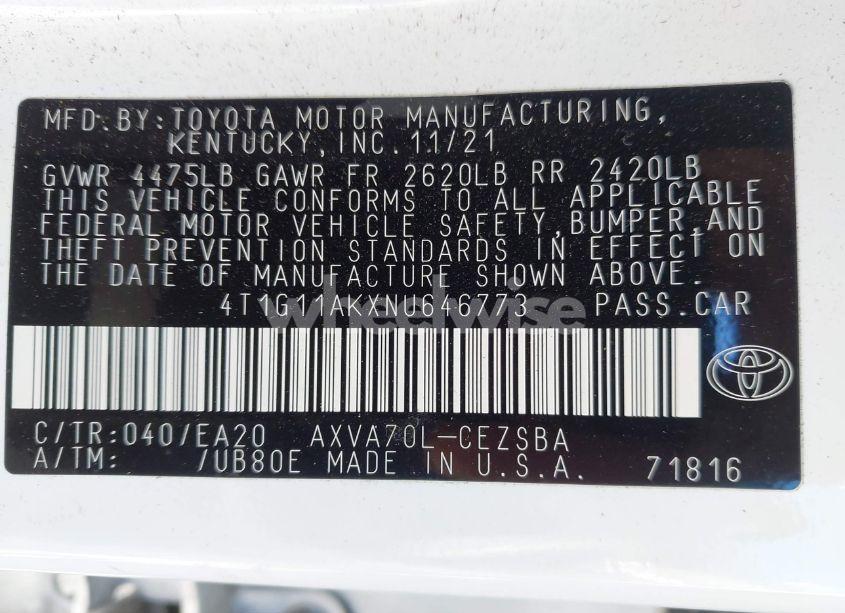 Photo 9 of 2022 Toyota Camry SE (VIN 4T1G11AKXNU646773)