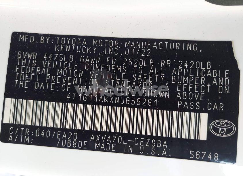 Photo 9 of 2022 Toyota Camry SE (VIN 4T1G11AKXNU659281)