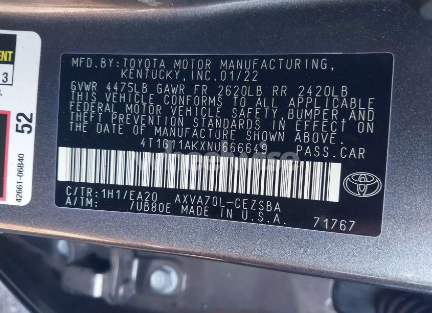 Photo 9 of 2022 Toyota Camry SE (VIN 4T1G11AKXNU666649)