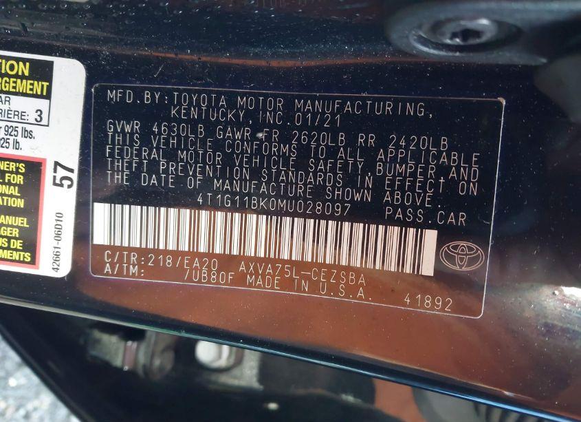 Photo 9 of 2021 Toyota Camry SE AWD (VIN 4T1G11BK0MU028097)