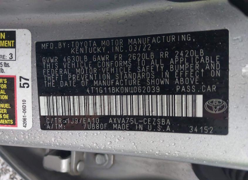 Photo 9 of 2022 Toyota Camry SE AWD (VIN 4T1G11BK0NU062039)
