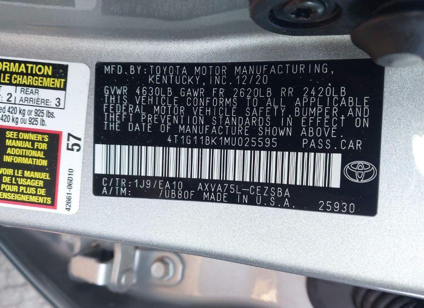 Photo 9 of 2021 Toyota Camry SE AWD (VIN 4T1G11BK1MU025595)