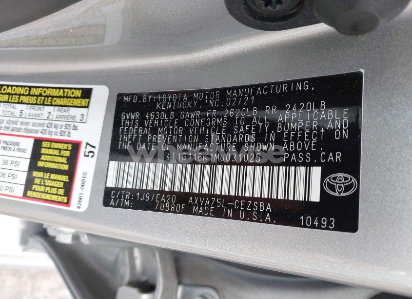 Photo 9 of 2021 Toyota Camry SE AWD (VIN 4T1G11BK1MU031025)