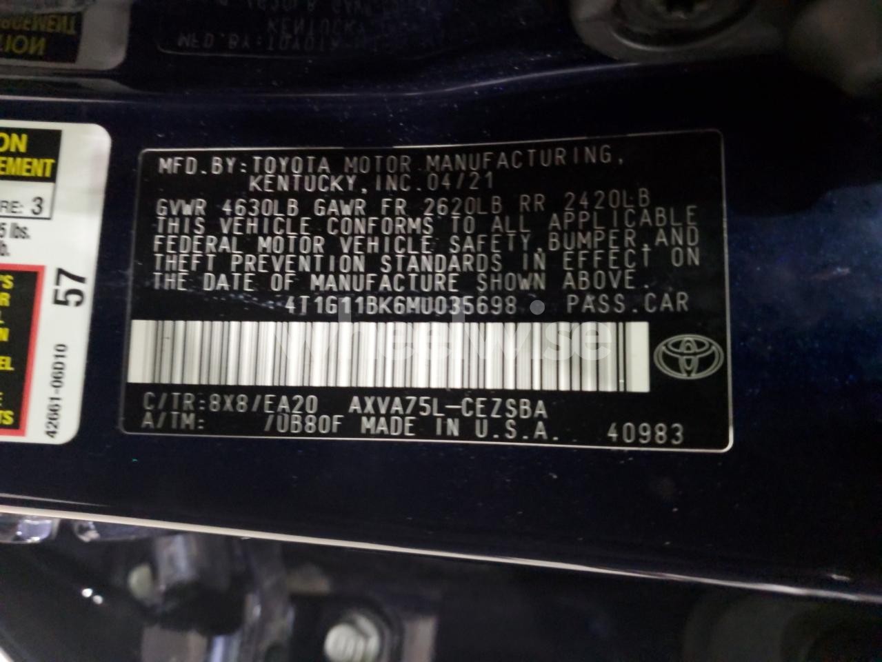 Photo 12 of 2021 TOYOTA CAMRY SE (VIN 4T1G11BK6MU035698)