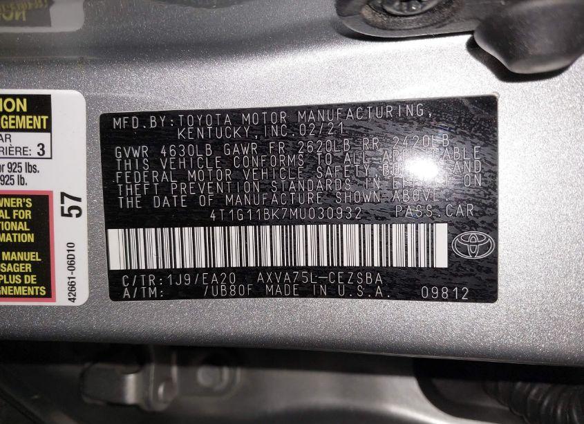 Photo 9 of 2021 Toyota Camry SE AWD (VIN 4T1G11BK7MU030932)