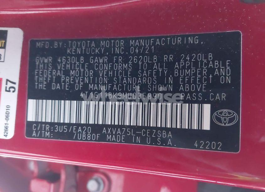 Photo 9 of 2021 Toyota Camry SE AWD (VIN 4T1G11BK9MU035890)