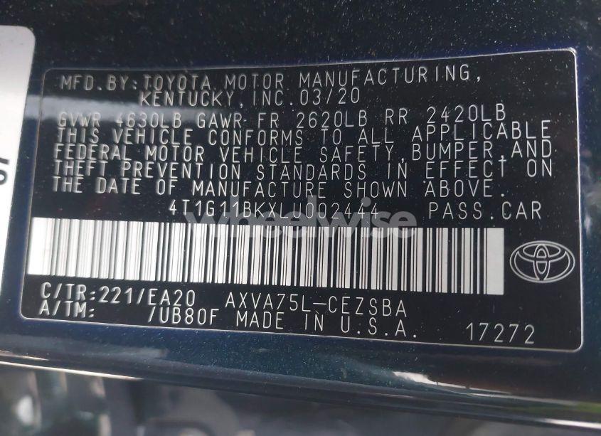 Photo 9 of 2020 Toyota Camry SE AWD (VIN 4T1G11BKXLU002444)