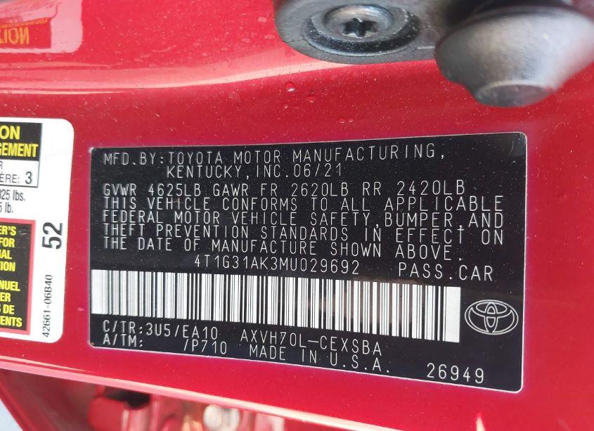 Photo 9 of 2021 Toyota Camry SE HYBRID (VIN 4T1G31AK3MU029692)