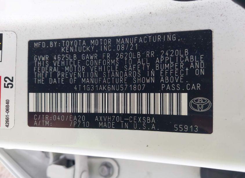 Photo 9 of 2022 Toyota Camry SE HYBRID (VIN 4T1G31AK6NU571807)