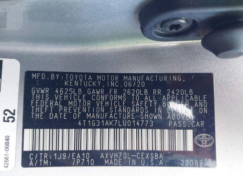 Photo 9 of 2020 Toyota Camry SE HYBRID (VIN 4T1G31AK7LU014773)