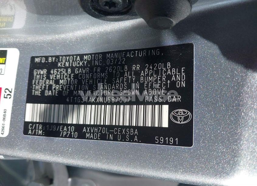 Photo 9 of 2022 Toyota Camry SE HYBRID (VIN 4T1G31AKXNU587007)