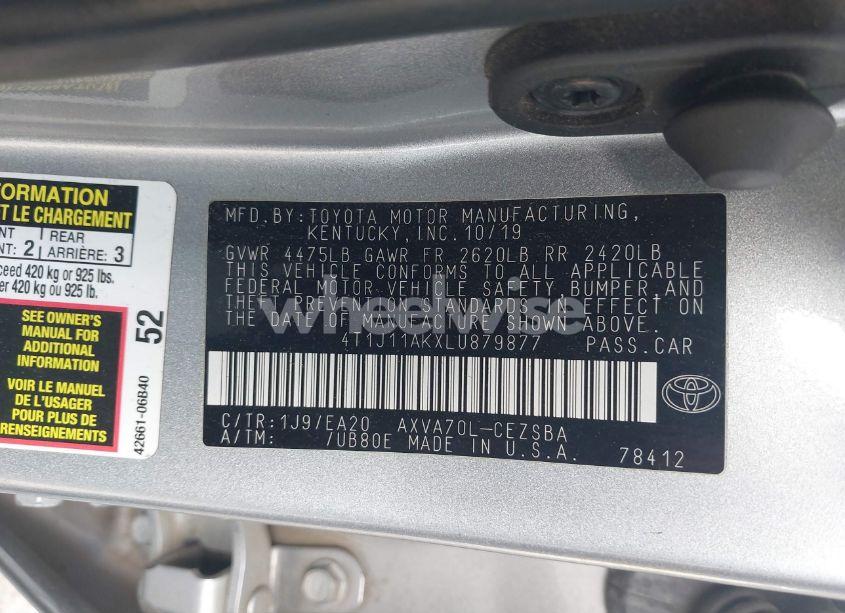 Photo 9 of 2020 Toyota Camry SE (VIN 4T1J11AKXLU879877)