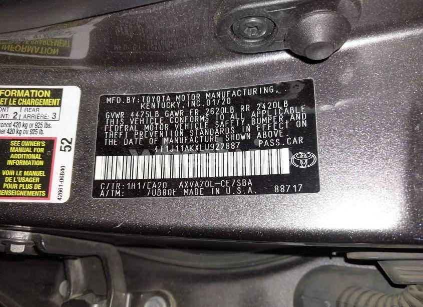Photo 9 of 2020 Toyota Camry SE (VIN 4T1J11AKXLU922887)