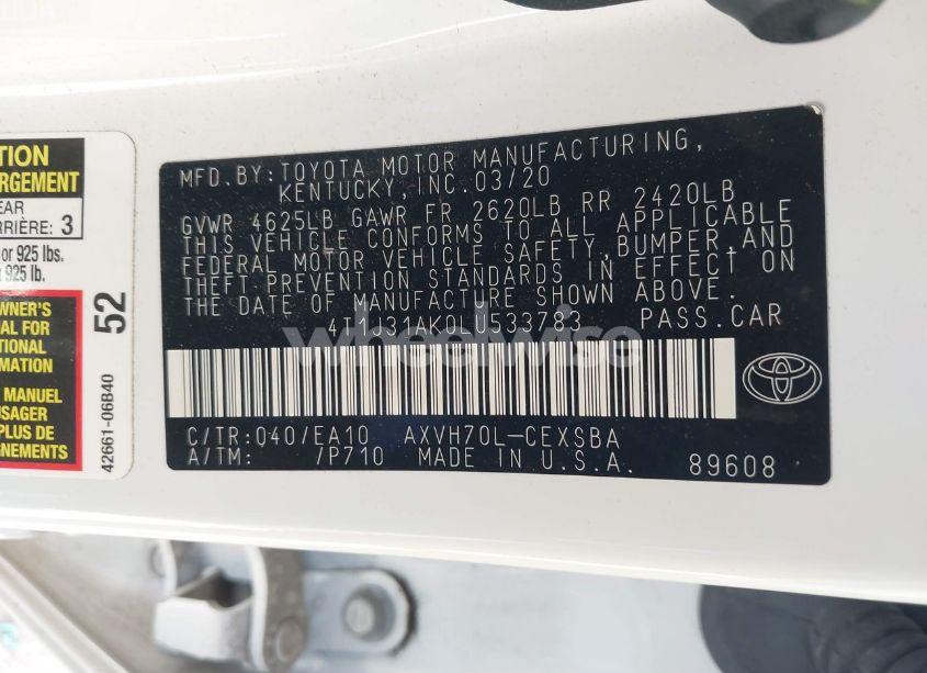 Photo 9 of 2020 Toyota Camry SE HYBRID (VIN 4T1J31AK0LU533783)