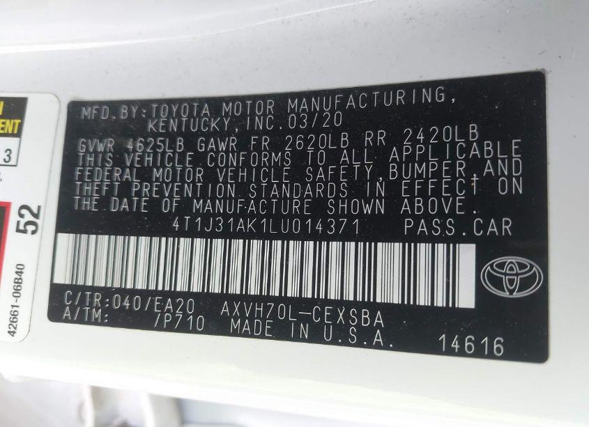 Photo 9 of 2020 Toyota Camry SE HYBRID (VIN 4T1J31AK1LU014371)