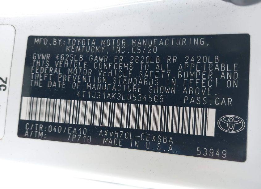 Photo 9 of 2020 Toyota Camry SE HYBRID (VIN 4T1J31AK3LU534569)