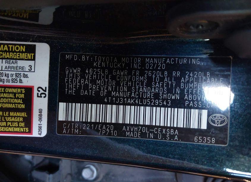 Photo 9 of 2020 Toyota Camry SE HYBRID (VIN 4T1J31AK4LU529543)