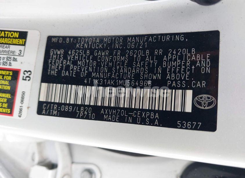 Photo 9 of 2021 Toyota Camry XSE HYBRID (VIN 4T1K31AK1MU564966)
