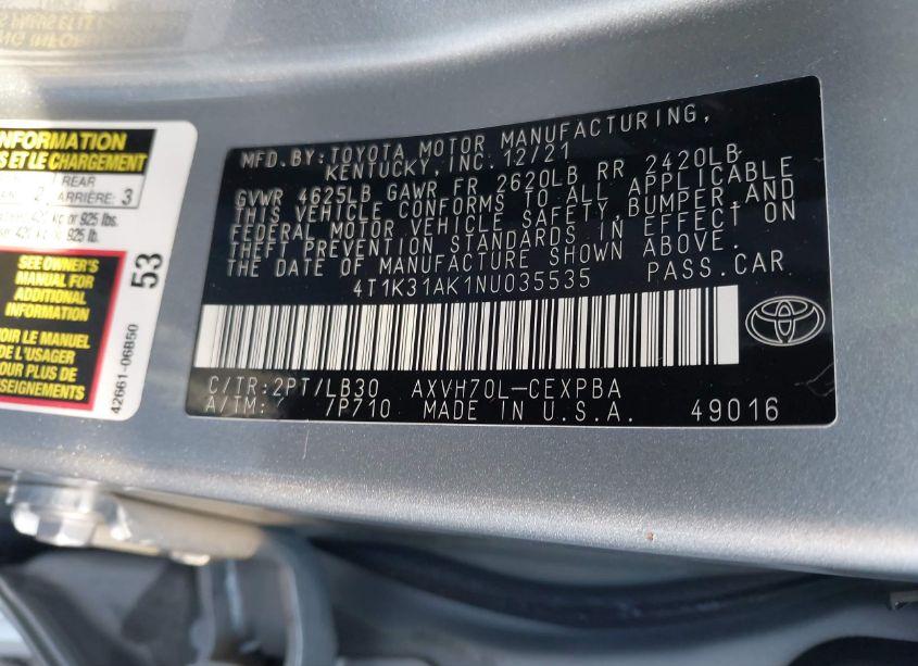 Photo 9 of 2022 Toyota Camry XSE HYBRID (VIN 4T1K31AK1NU035535)
