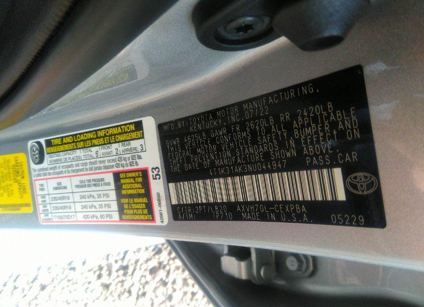 Photo 9 of 2022 Toyota Camry XSE HYBRID (VIN 4T1K31AK3NU044947)
