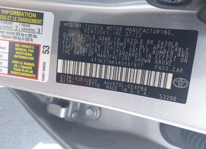 Photo 9 of 2022 Toyota Camry XSE HYBRID (VIN 4T1K31AK4NU597817)