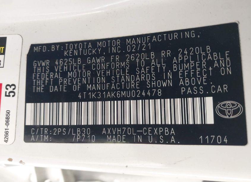 Photo 9 of 2021 Toyota Camry XSE HYBRID (VIN 4T1K31AK6MU024478)