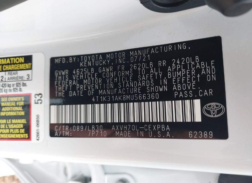 Photo 9 of 2021 Toyota Camry XSE HYBRID (VIN 4T1K31AK8MU566360)