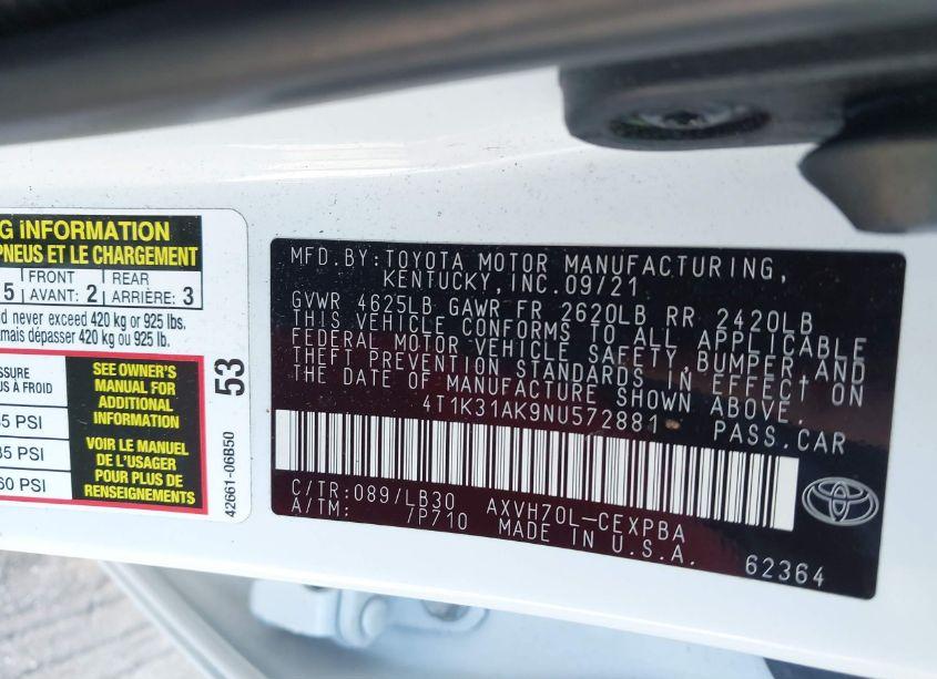 Photo 9 of 2022 Toyota Camry XSE HYBRID (VIN 4T1K31AK9NU572881)