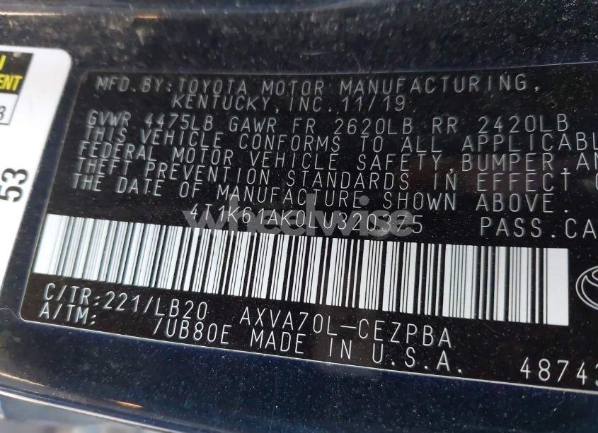 Photo 9 of 2020 Toyota Camry XSE (VIN 4T1K61AK0LU320375)